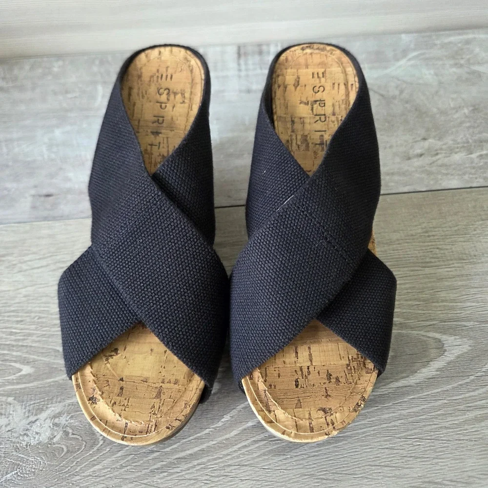 Esprit Womens 7 Black Canvas Studded Cork Wedge Platform Sandals Y2K Boho Slides
